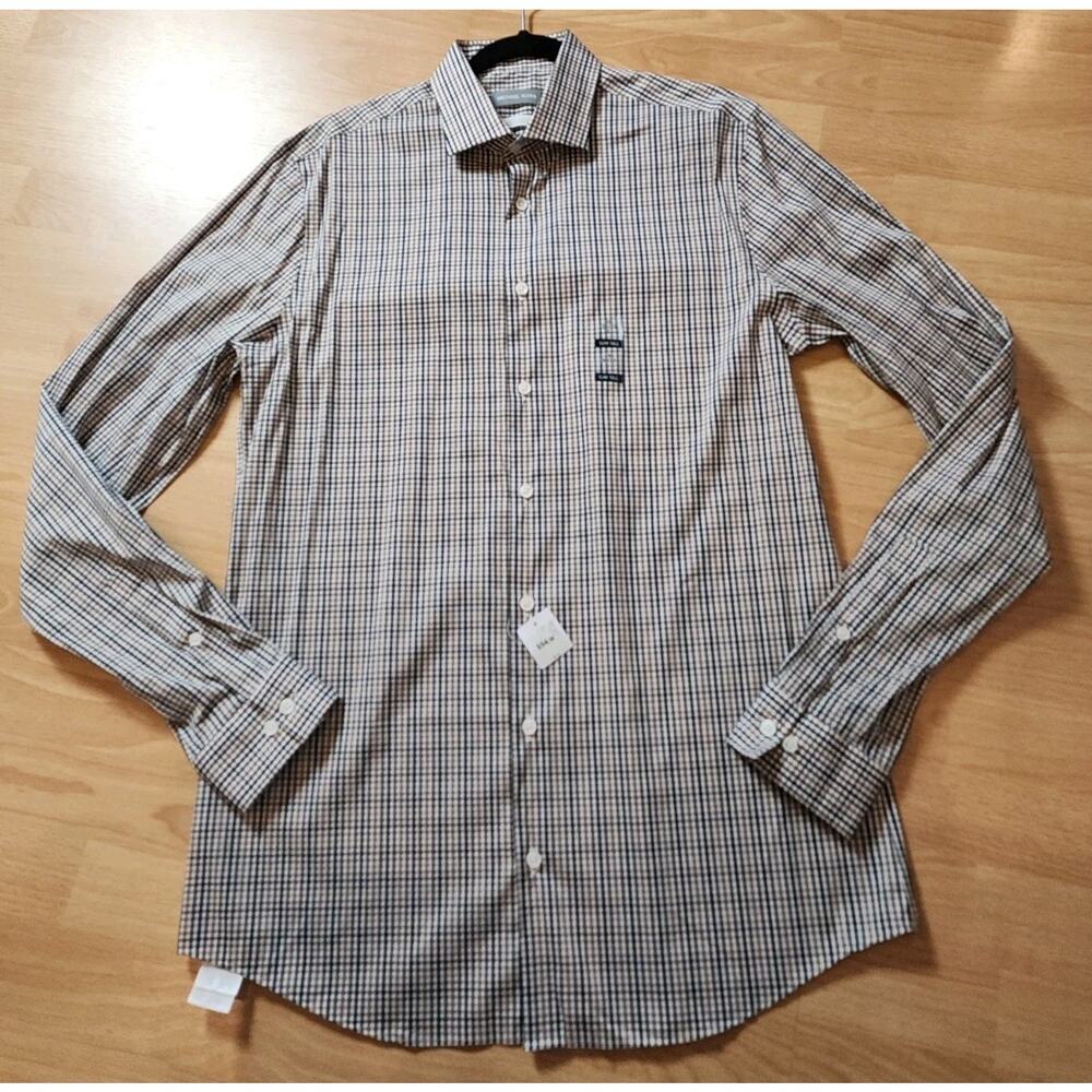 NWT Michael Kors 16 36/37 Slim Tall Long Sleeve Button Up Shirt Black Brown‎